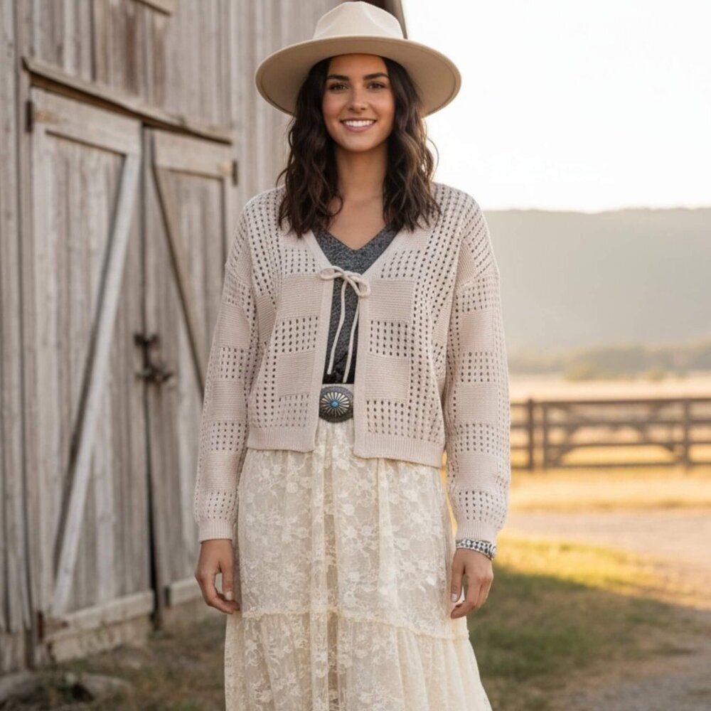 Beige Crochet Long Sleeve Cardigan Large Boho NWT